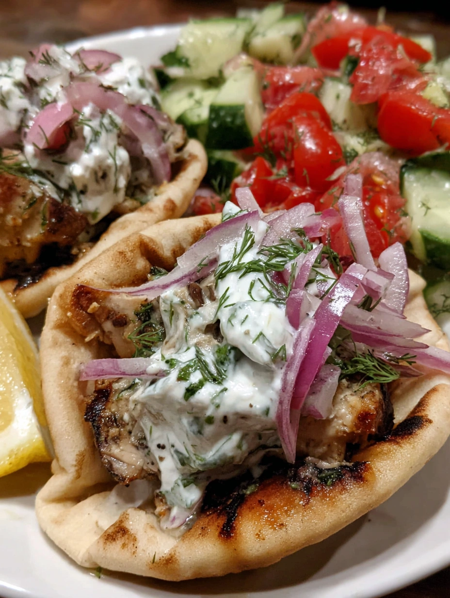 Chicken gyros filled with sliced herb-marinated chicken, cucumber tomato salad, and creamy tzatziki