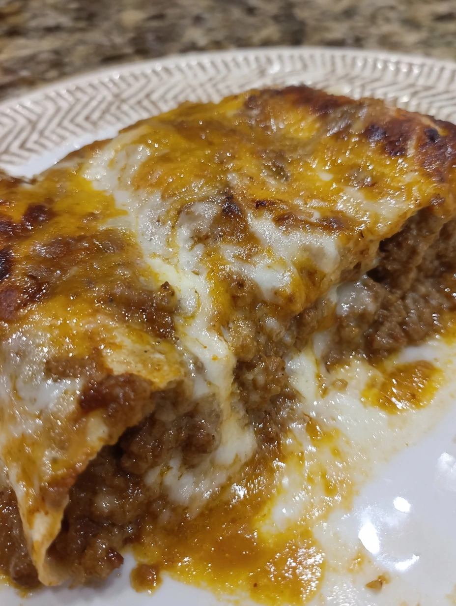 Baked Tex-Mex beef enchiladas covered with red sauce, melted cheddar, and pepper jack cheese