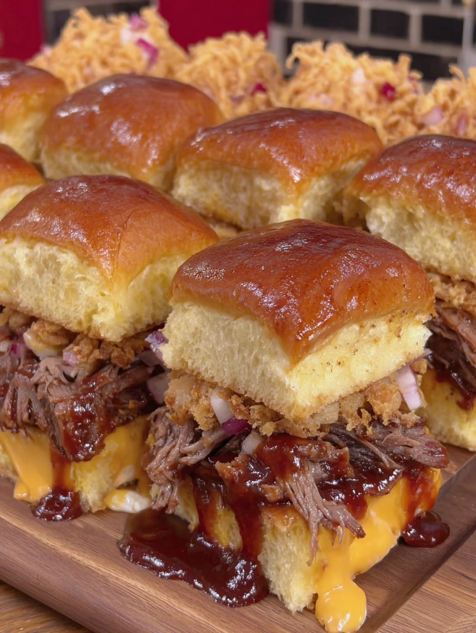 Smoked Dr Pepper BBQ beef sliders with pepper jack, jalapeño cream cheese spread, and crispy fried onions