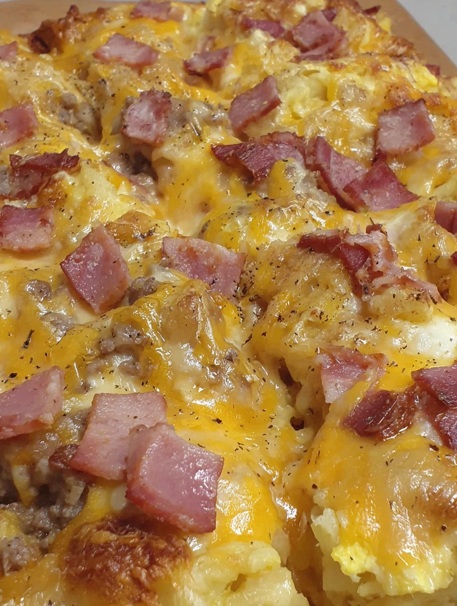 Loaded breakfast casserole with hash browns, sausage, ham, bacon, eggs, mozzarella, and golden cheddar