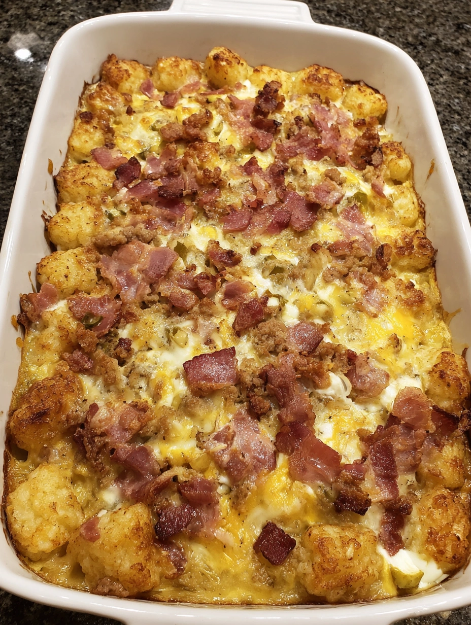 Golden breakfast tater tot casserole with sausage, bacon, peppers, eggs, cheddar, and pepper jack