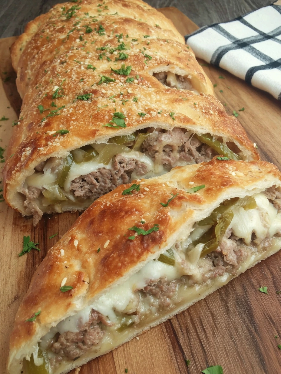 Golden sliced Philly cheesesteak stromboli filled with beef, peppers, onions, provolone, and mozzarella
