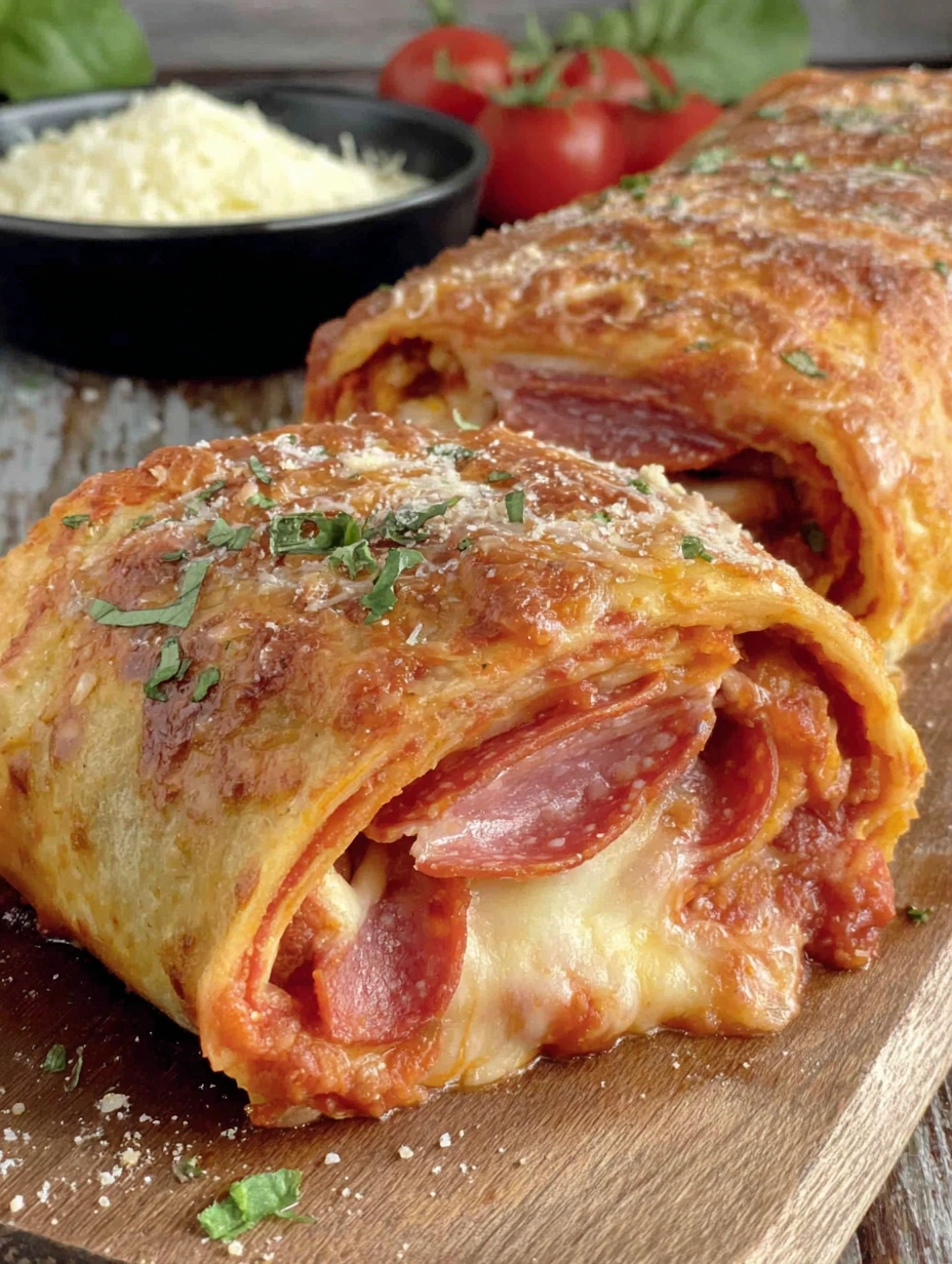 Golden pizza burritos with crisp garlic Parmesan tortillas and a melted mozzarella and pepperoni filling