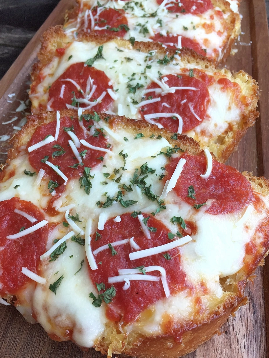 Crisp garlic toast pizzas topped with melted mozzarella, pepperoni, sausage, and vegetables