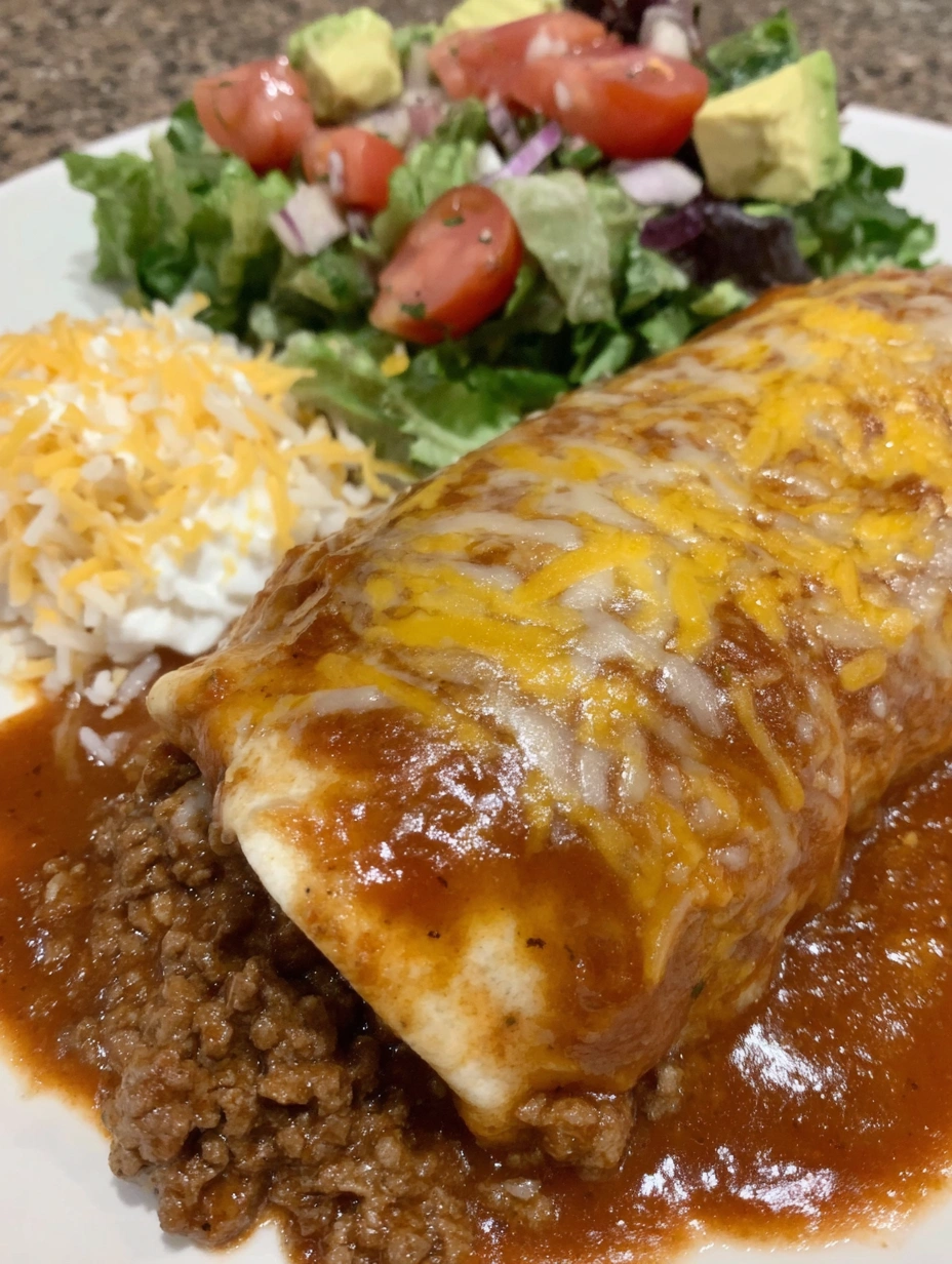 Golden beef and bean burritos smothered with red chile Chimayo sauce and topped with cheese and fresh garnishes