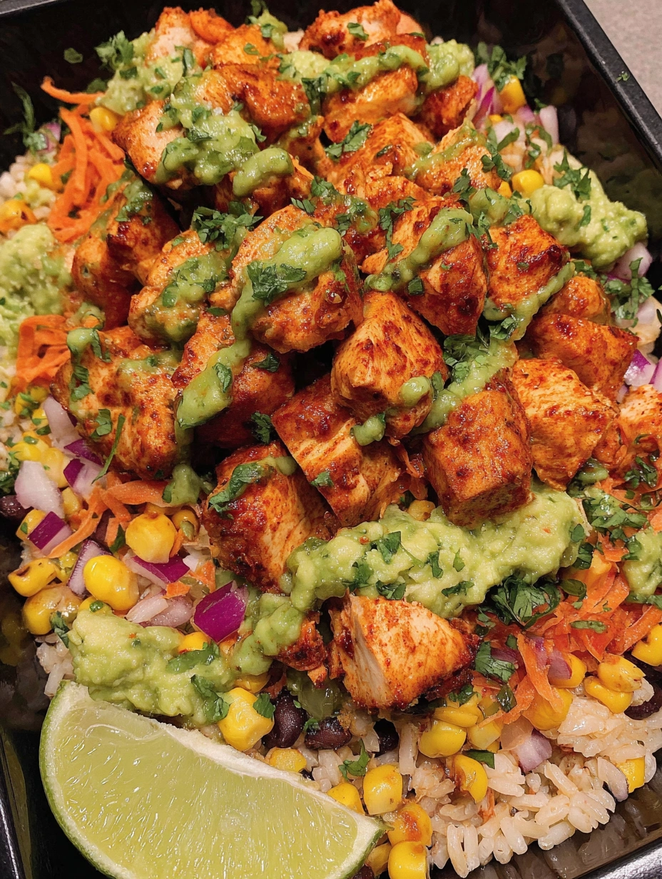 Spicy chipotle chicken burrito bowl with cilantro lime rice, charred corn salsa, and colorful toppings