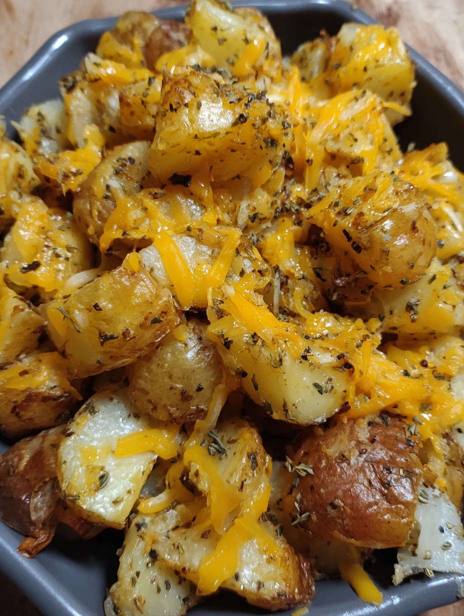 Golden roasted ranch potato bites covered with melted cheddar cheese
