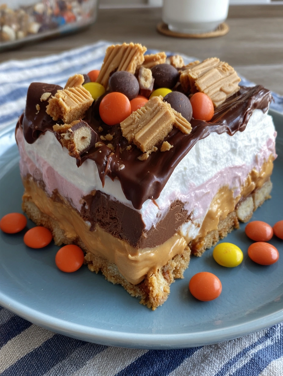 Chilled chocolate peanut butter lasagna with cookie crust, peanut butter cheesecake, chocolate pudding, whipped topping, and candy