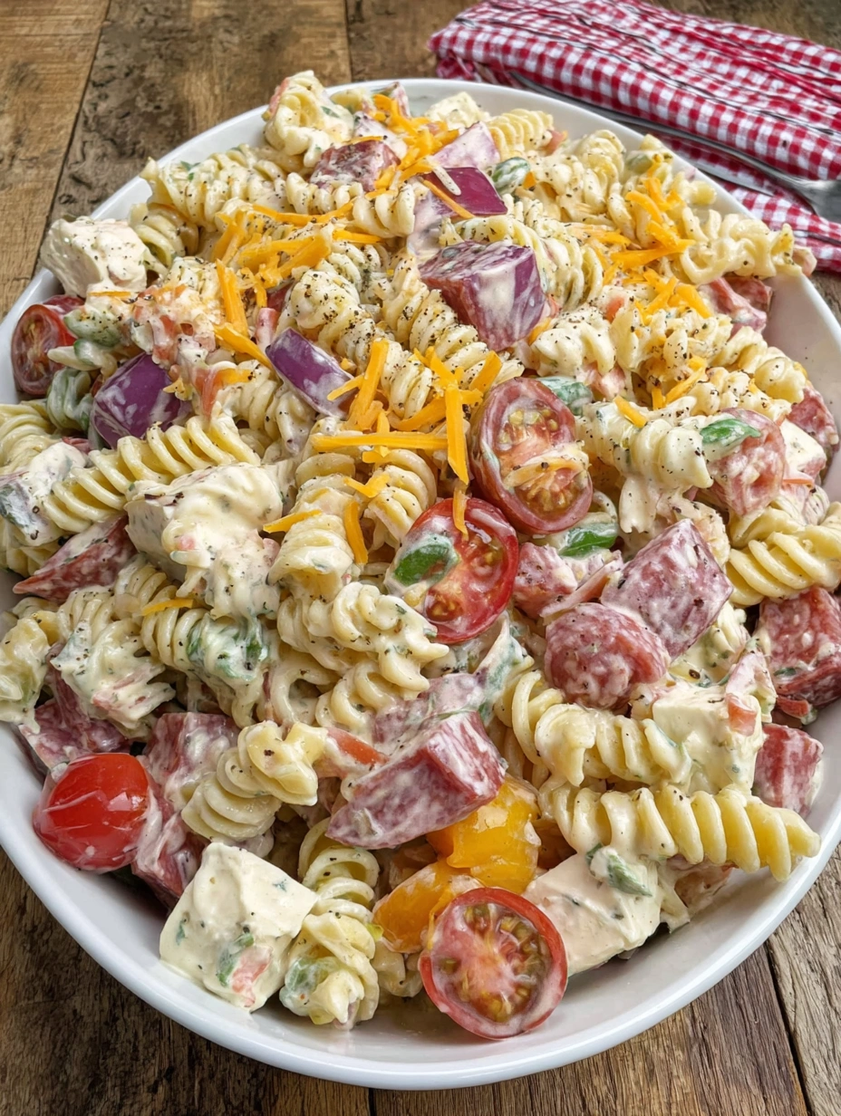 Creamy Italian tricolor pasta salad with cheese cubes, banana peppers, tomatoes, red onion, pepperoni, and salami