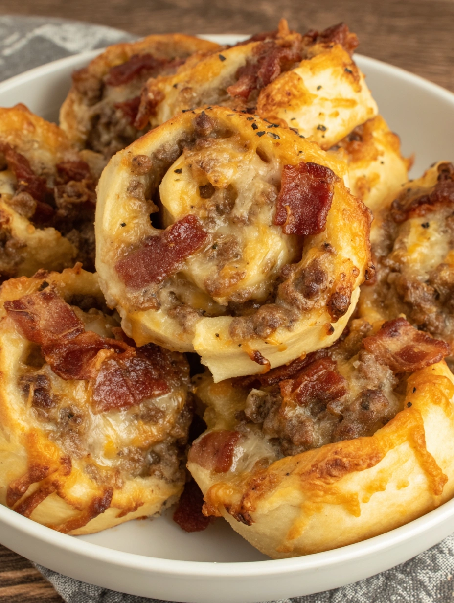 Golden garlic butter bacon cheeseburger rollups with beef, bacon, and melted cheddar spiraled inside