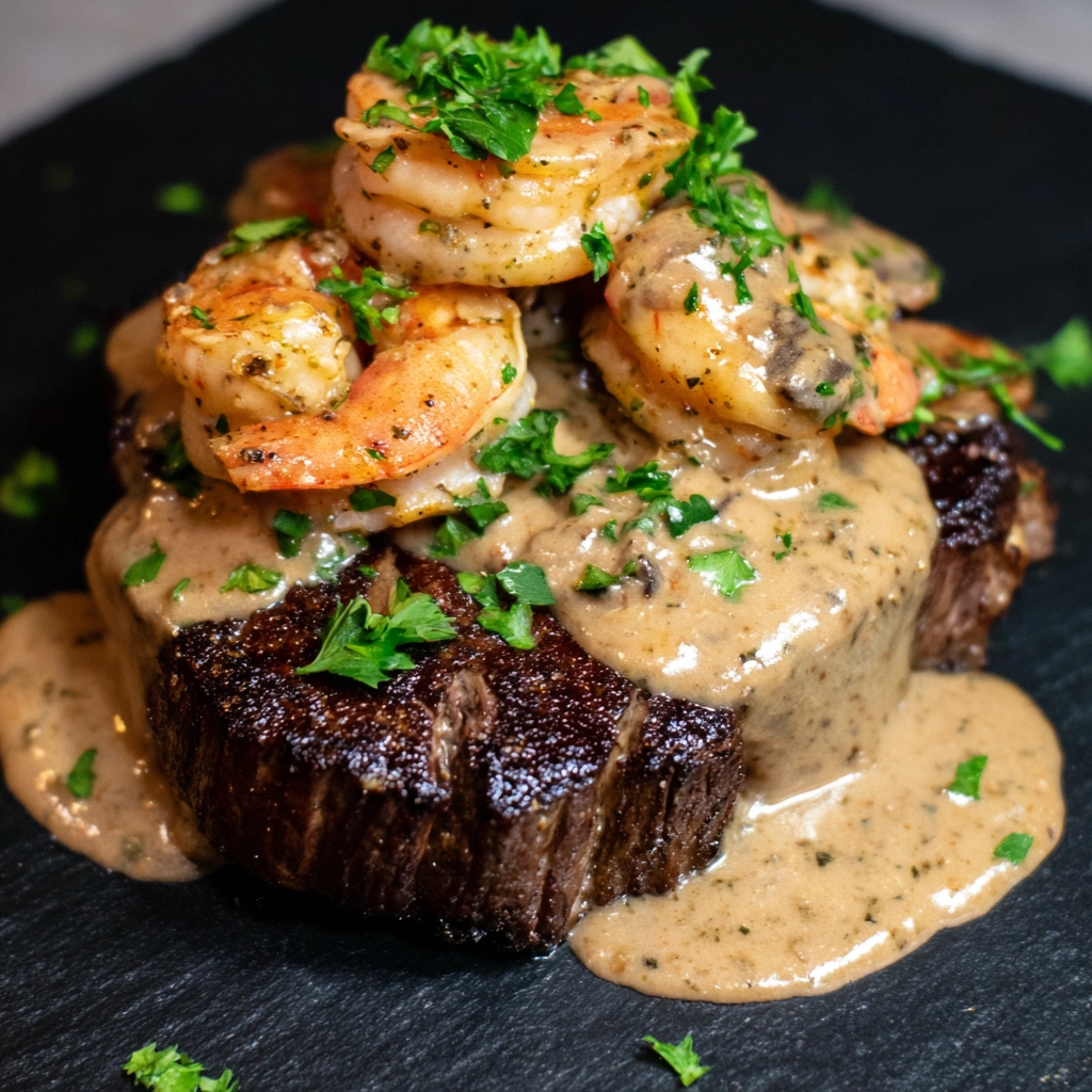 Steak with Cajun Shrimp Sauce