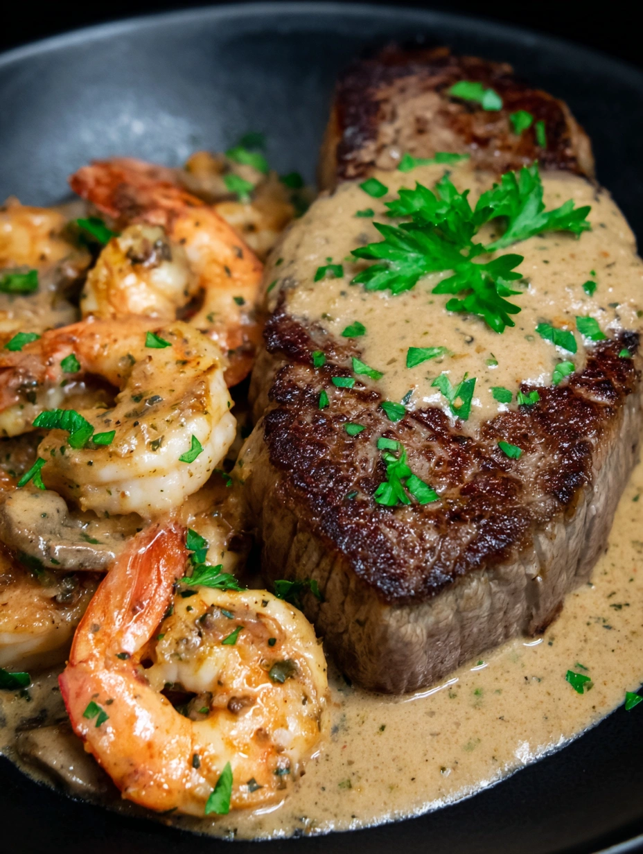 Sliced New York strip steak served with shrimp and creamy Cajun Parmesan sauce