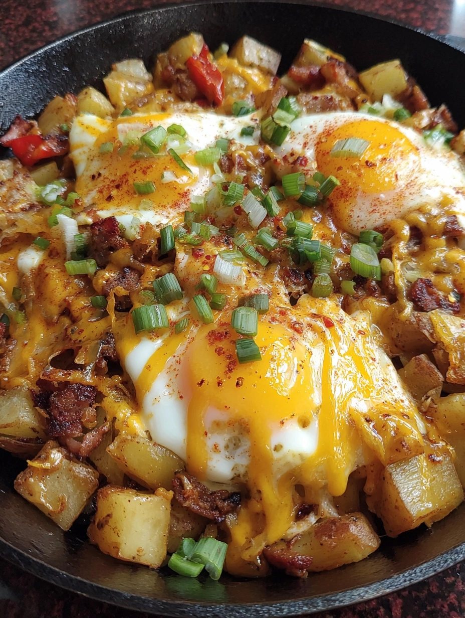 Bacon sausage and potato breakfast skillet with eggs, peppers, melted cheese, and green onions