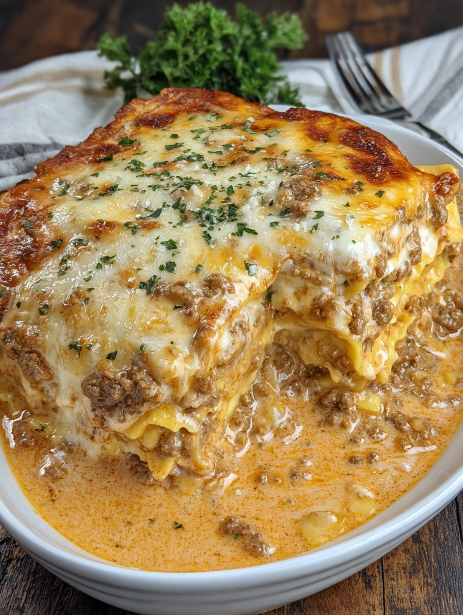 Baked million dollar ravioli with beef marinara, creamy Parmesan sauce, and golden melted mozzarella