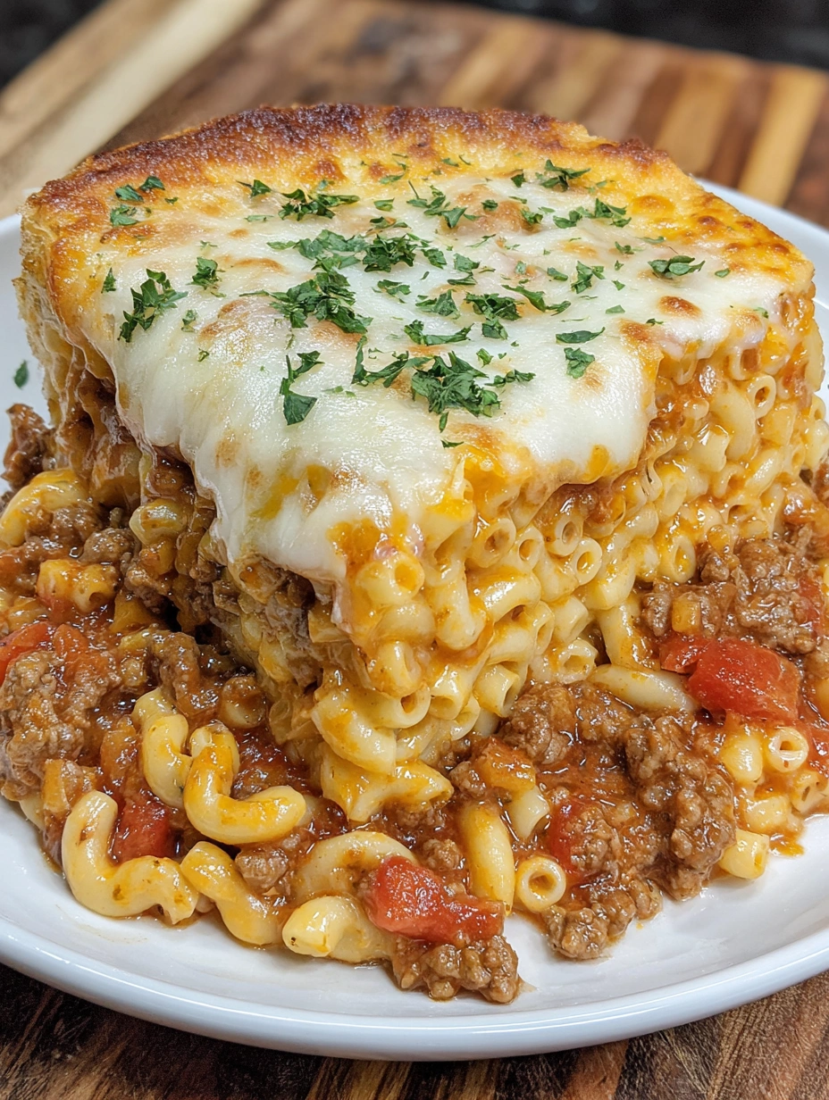 Mac and cheese lasagna casserole with creamy macaroni, beef tomato sauce, and golden melted cheese