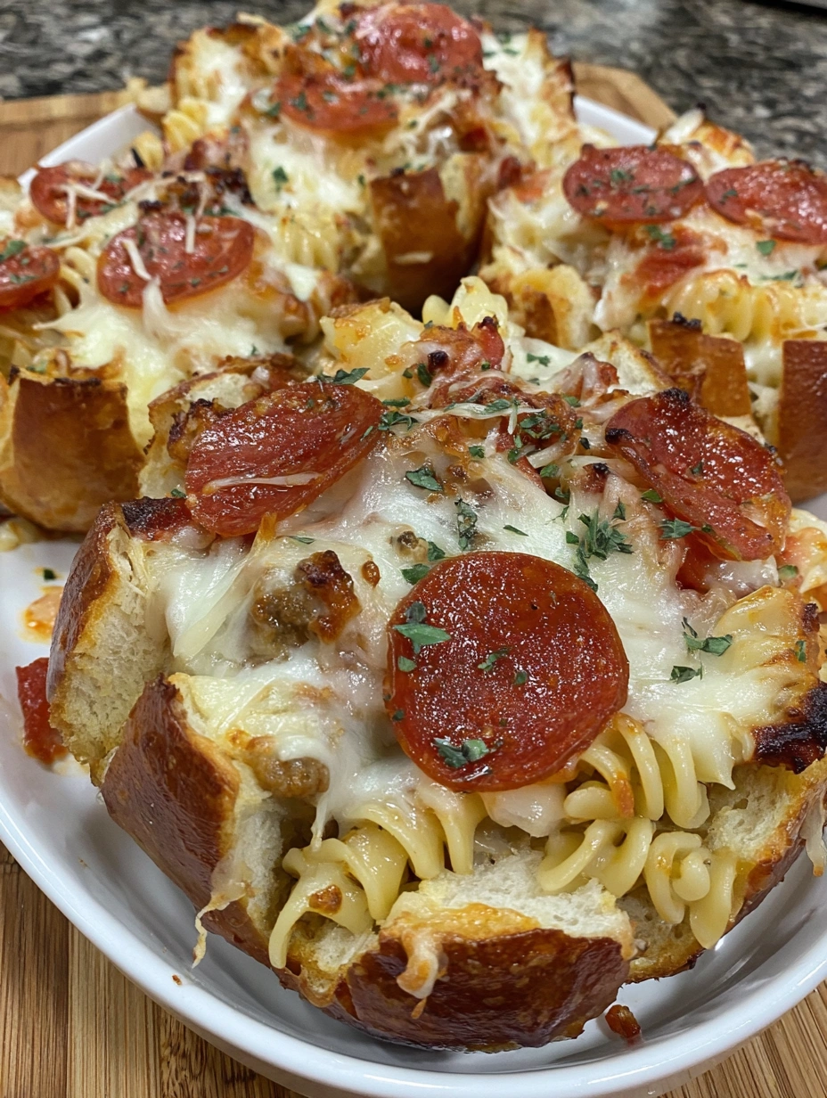 Garlic butter bread boule filled with cheesy beef, bacon, pepperoni, marinara, and rotini
