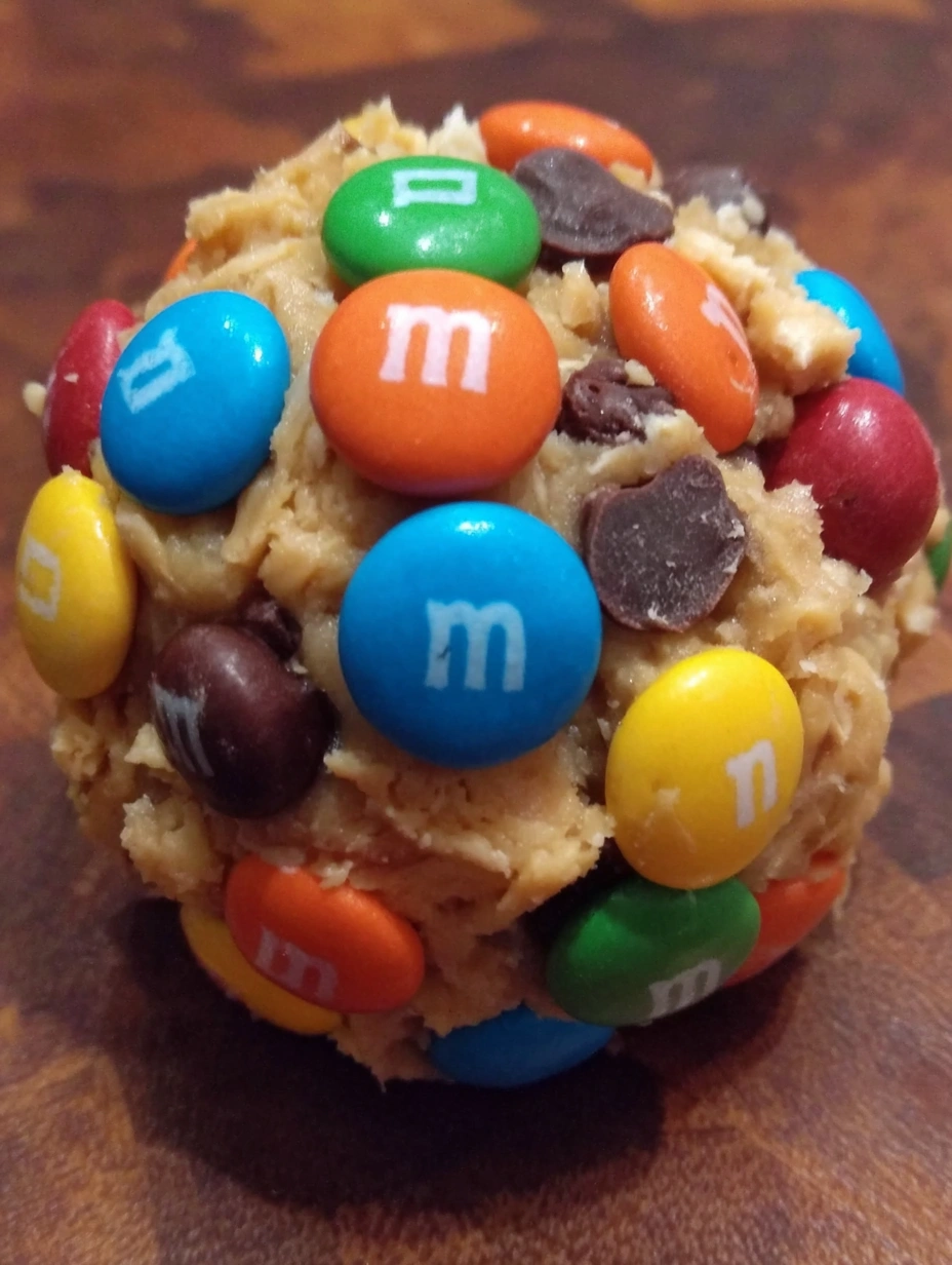 Chilled peanut butter monster cookie dough balls covered with mini colorful candies