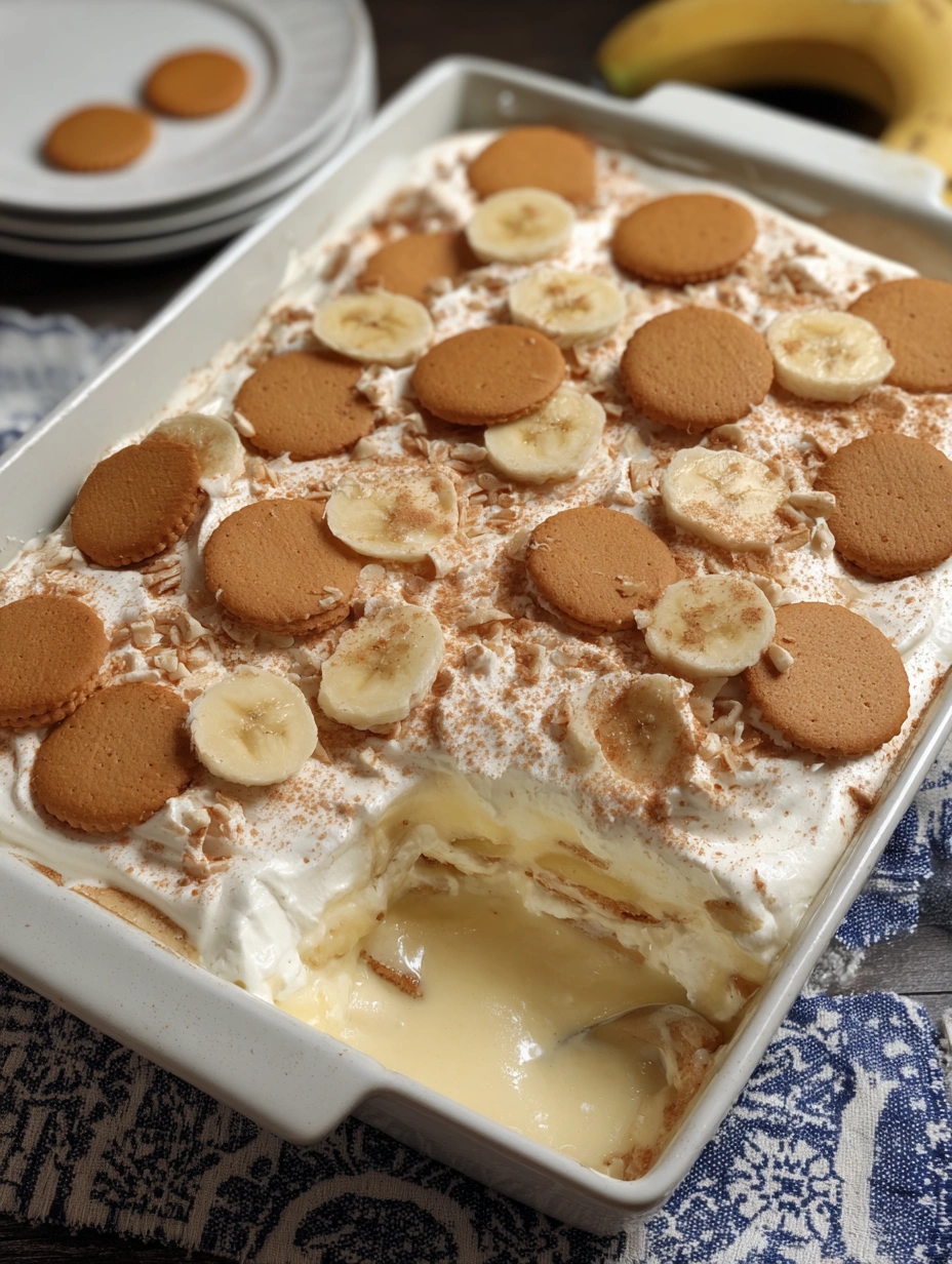 Old-fashioned banana pudding with homemade vanilla custard, bananas, and softened vanilla wafers