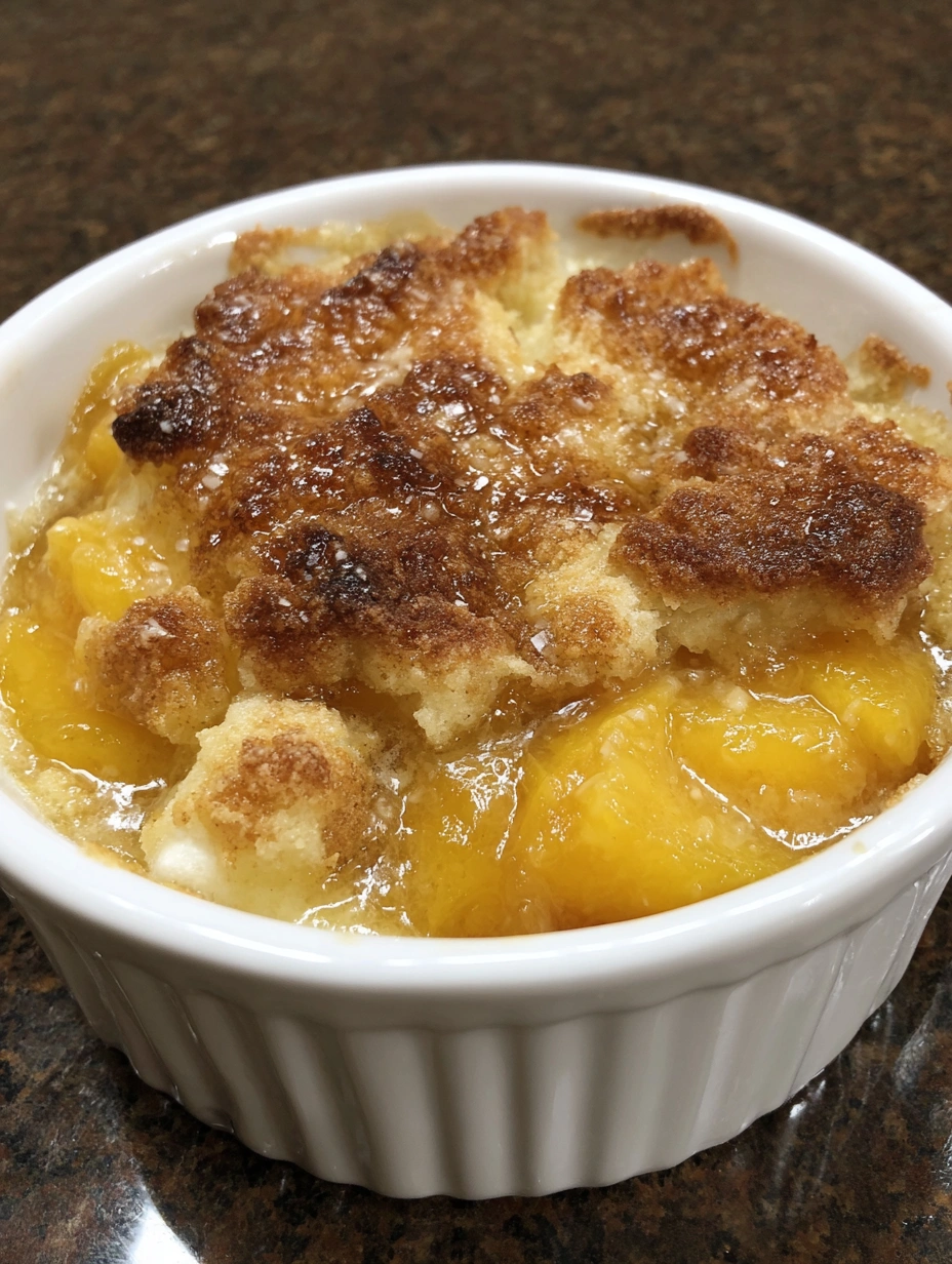 Warm Southern peach cobbler with golden risen crust and cinnamon peach filling