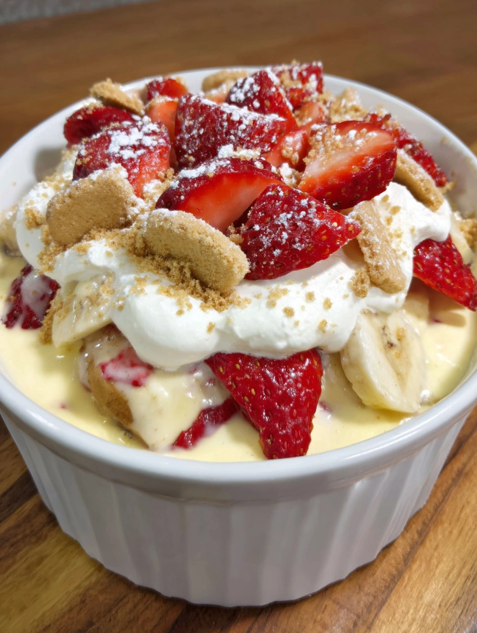 Layered strawberry banana pudding with vanilla wafers and pale pink cream filling