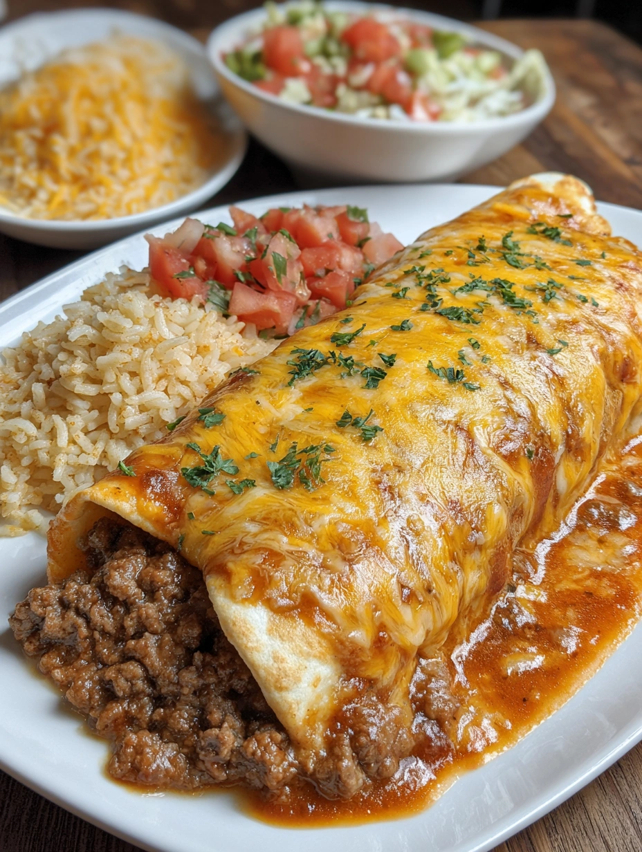 Cheesy beef enchiladas baked in red sauce with a bubbling Mexican cheese topping