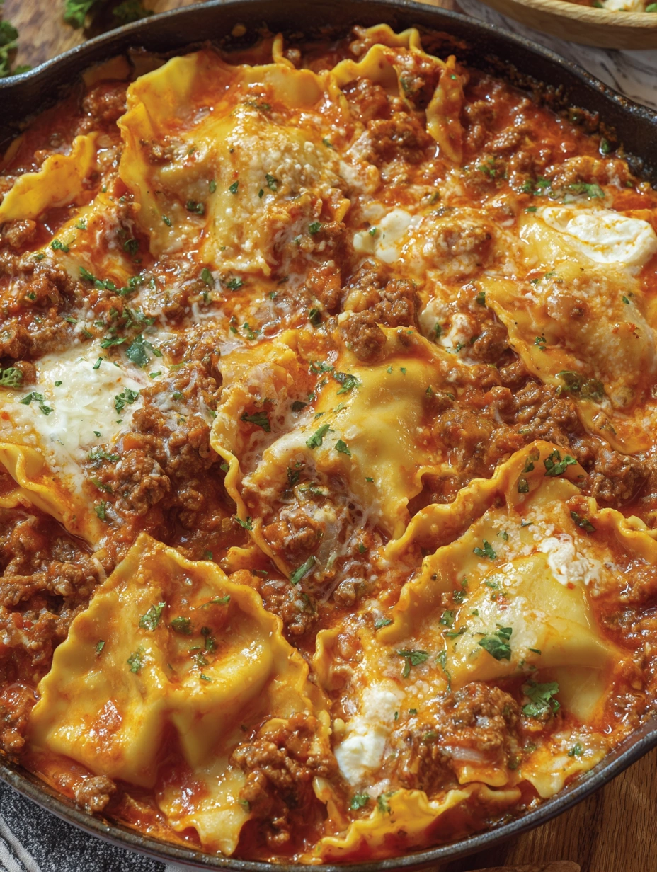 One-pan lasagna with tender noodles, beef, sausage, ricotta, tomato sauce, and melted mozzarella