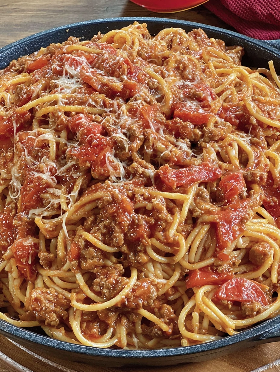 Filipino-style sweet spaghetti with pork, red hotdogs, tomato sauce, and grated cheese