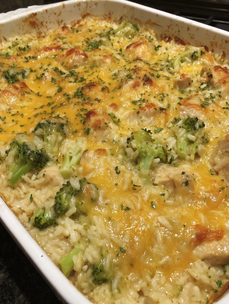 Golden cheesy chicken broccoli rice casserole baked in a family-size dish