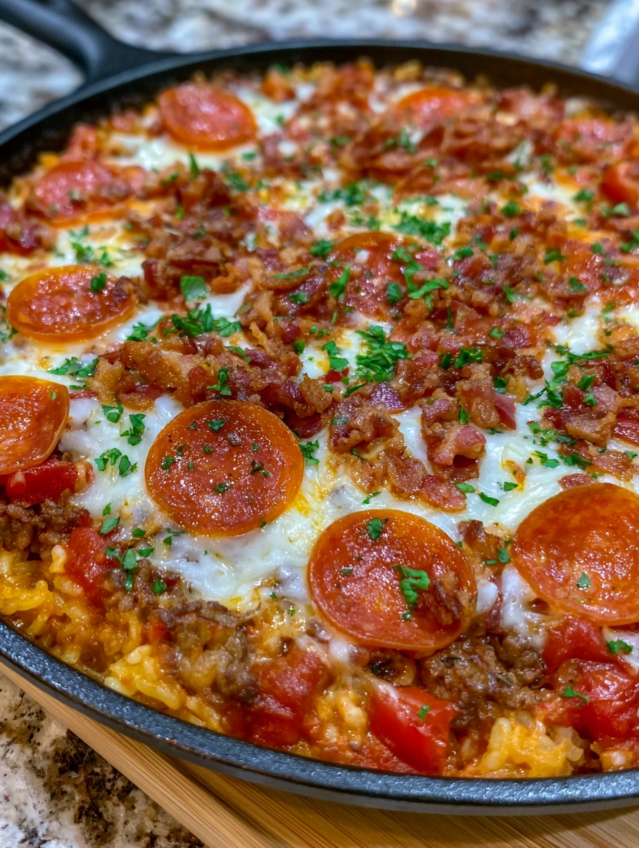 Baked meat lover's pizza rice skillet topped with melted mozzarella, bacon, and pepperoni