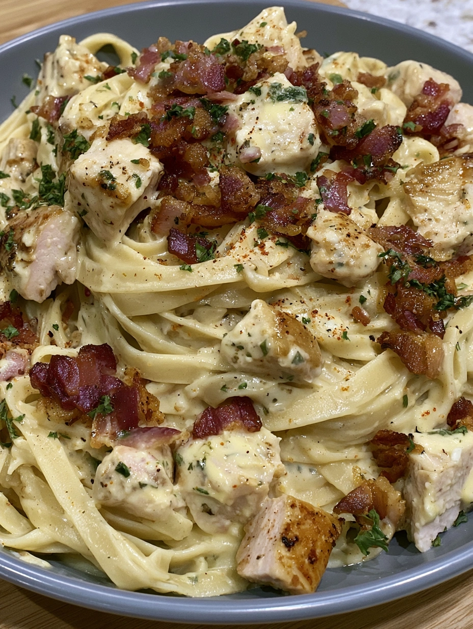 Creamy fettuccine Alfredo with seasoned chicken, crisp bacon, and Parmesan