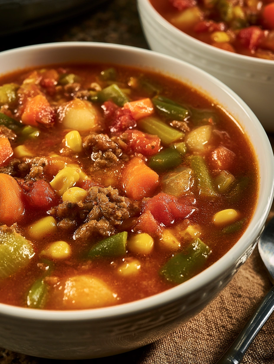 Homestyle vegetable beef soup with potatoes, carrots, corn, green beans, and tomatoes