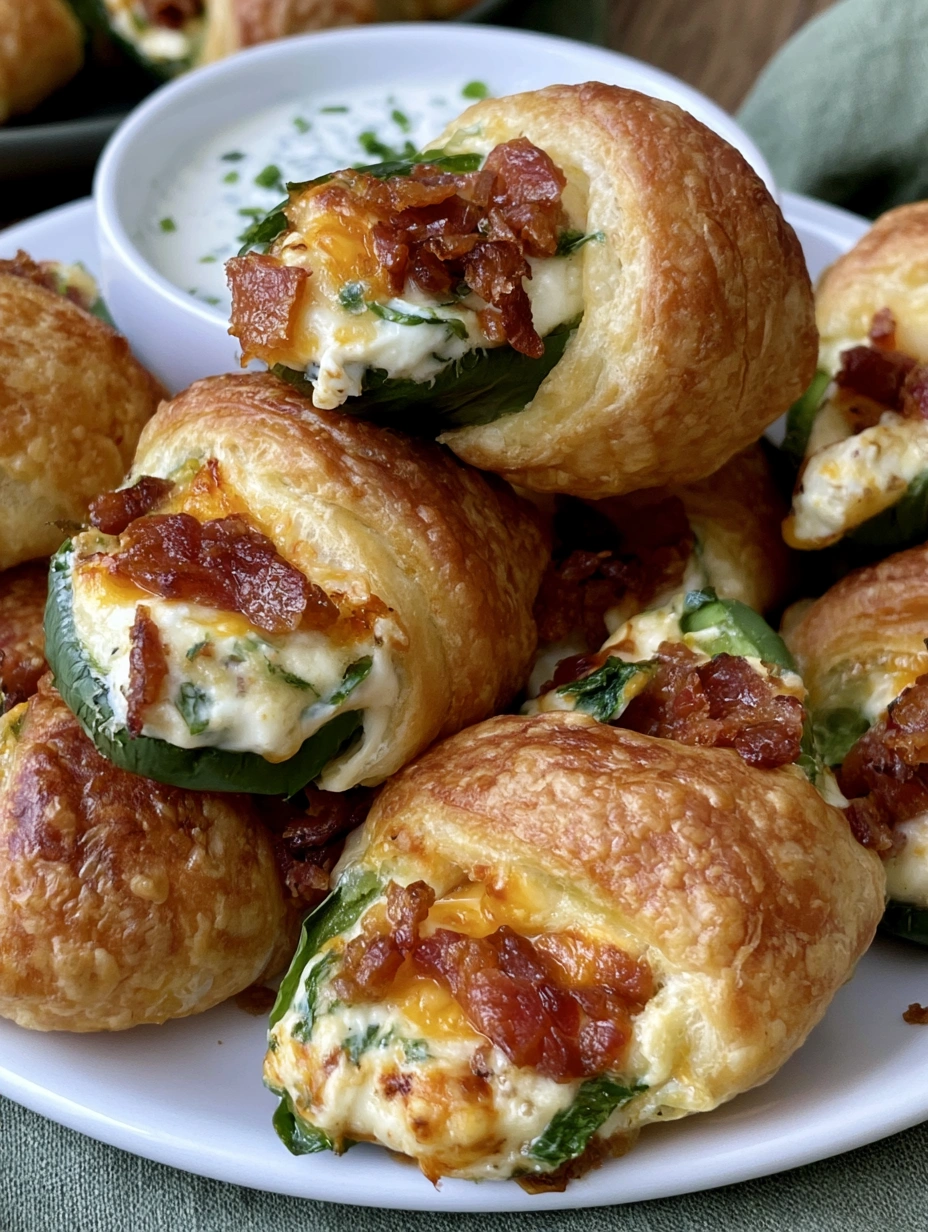 Golden baked jalapeno popper crescent rolls filled with cream cheese, cheddar, and bacon