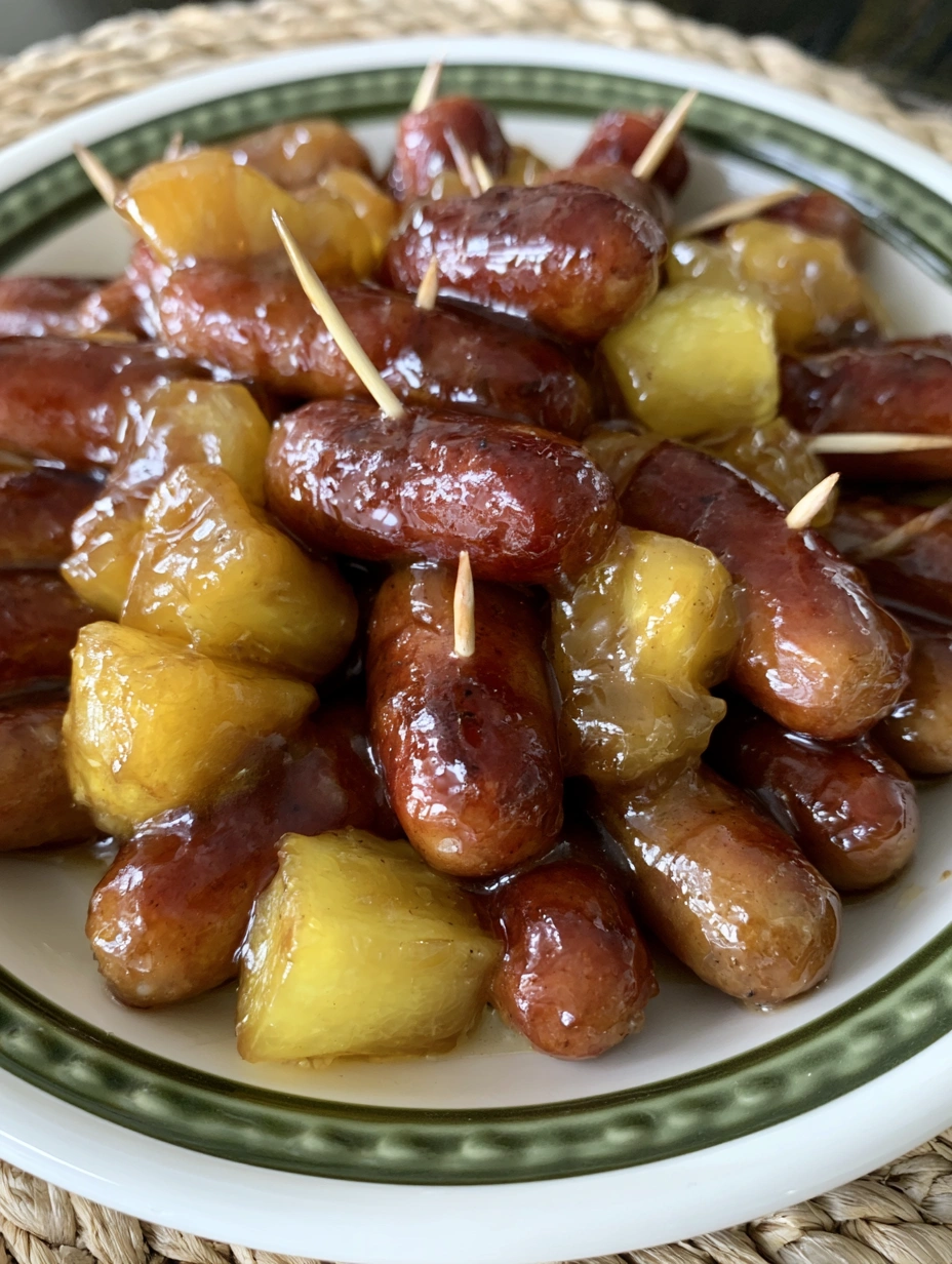 Slow-cooked pineapple brown sugar Lil Smokies coated in a glossy sweet-savory glaze