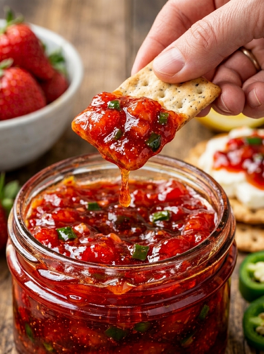 Glossy strawberry jalapeno refrigerator jam in a small serving jar
