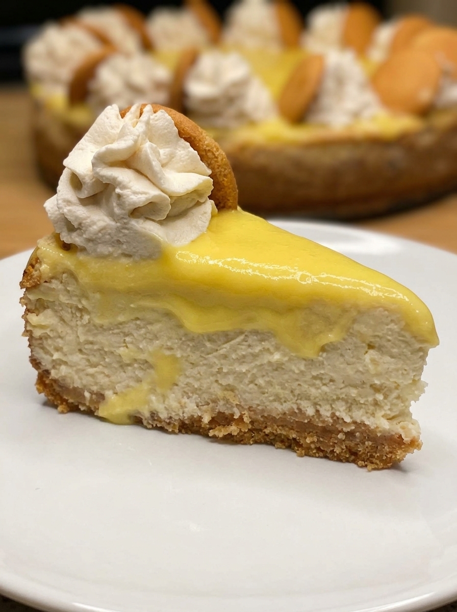 Chilled banana pudding cheesecake topped with whipped cream, fresh banana slices, and vanilla wafers