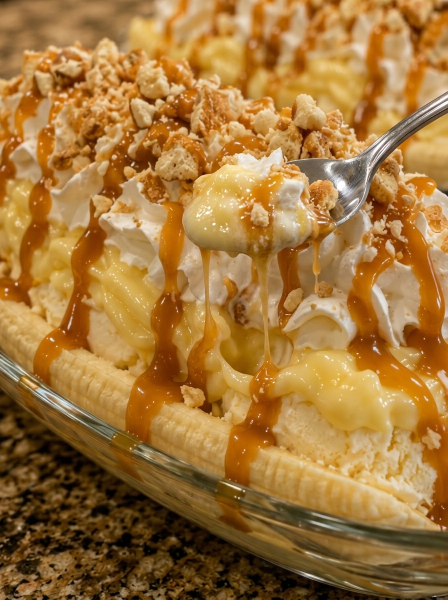 Banana pudding banana split boat with vanilla ice cream, wafer crumbs, whipped cream, and caramel
