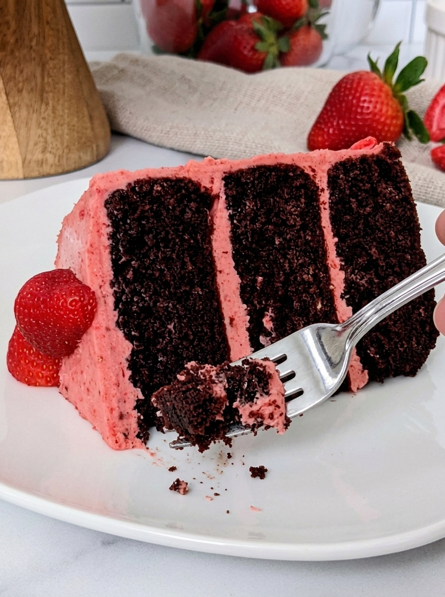 Slice of moist chocolate layer cake covered with pale pink strawberry buttercream