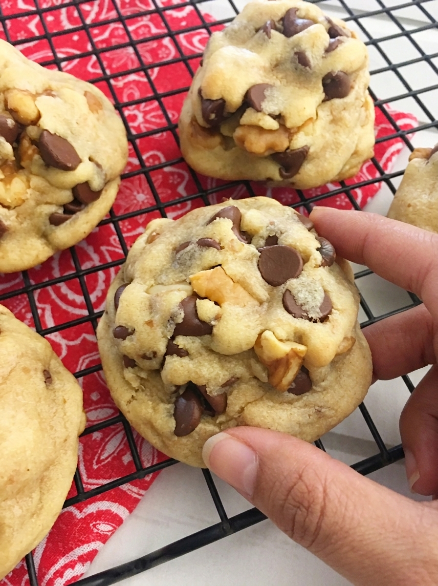 Freshly baked soft chocolate chip cookies with walnuts and lightly golden edges