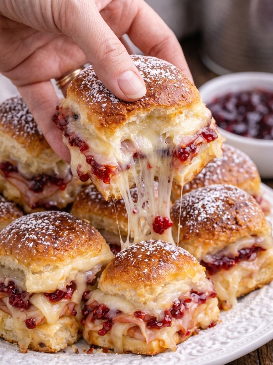 Warm Monte Cristo sliders filled with ham, turkey, and melted Swiss and dusted with powdered sugar