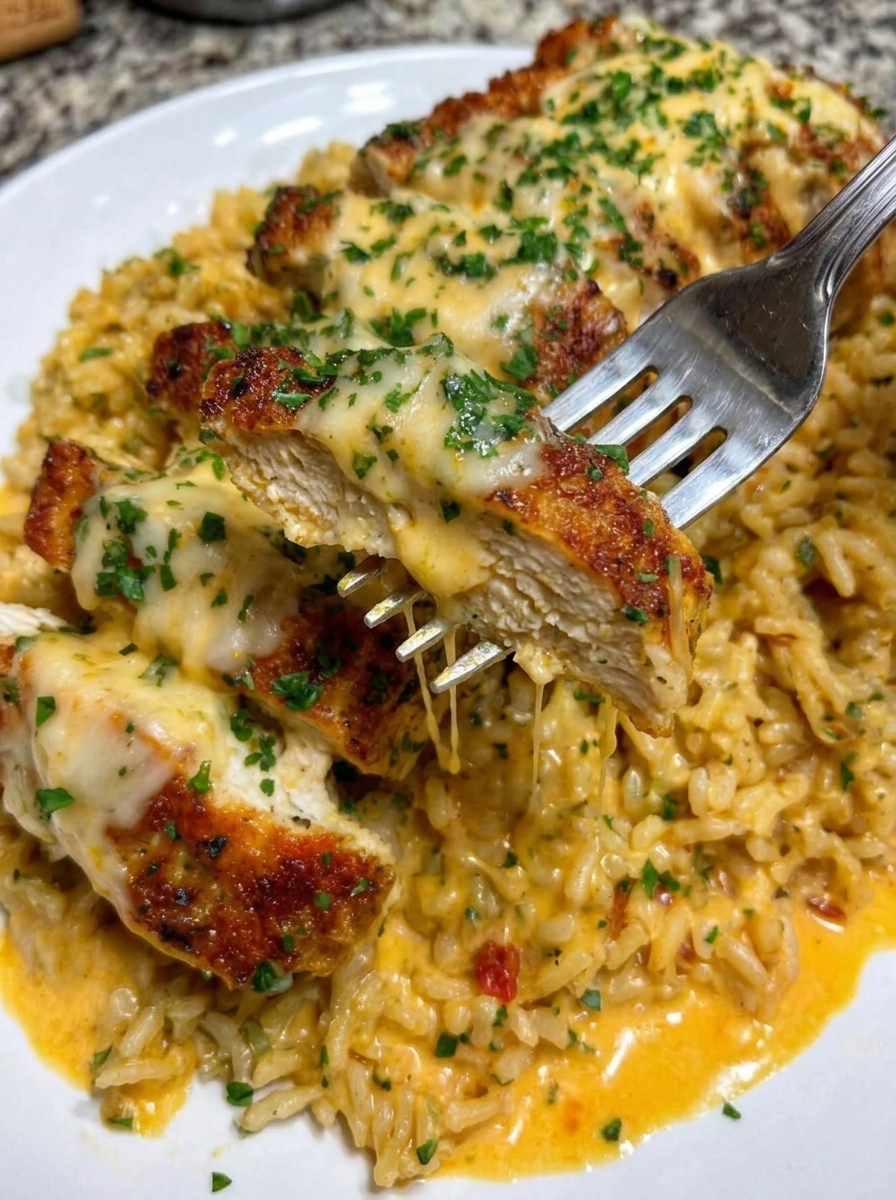 Creamy Cajun cheesy rice with garlic butter chicken strips and fresh parsley