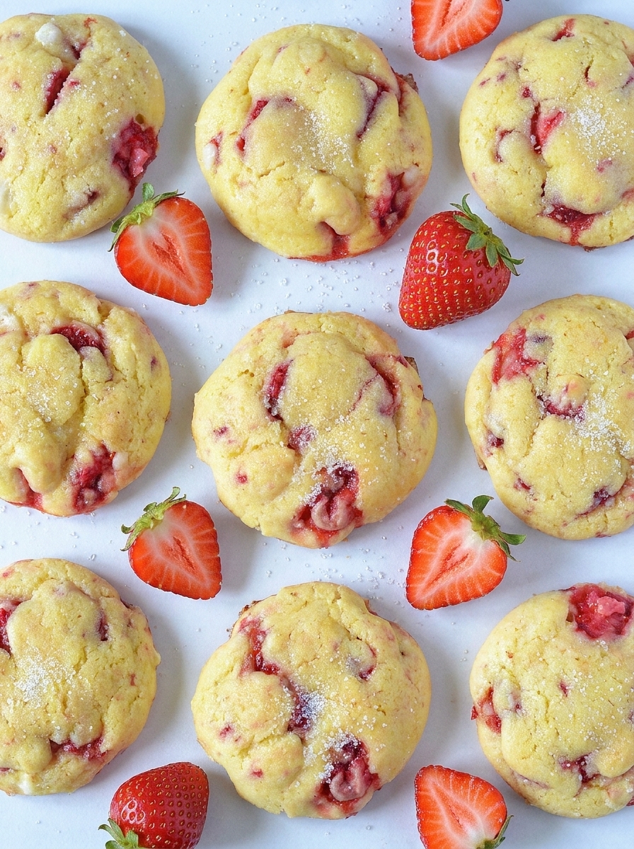 Soft strawberry cookies with fresh berry pieces and melted white chocolate chunks