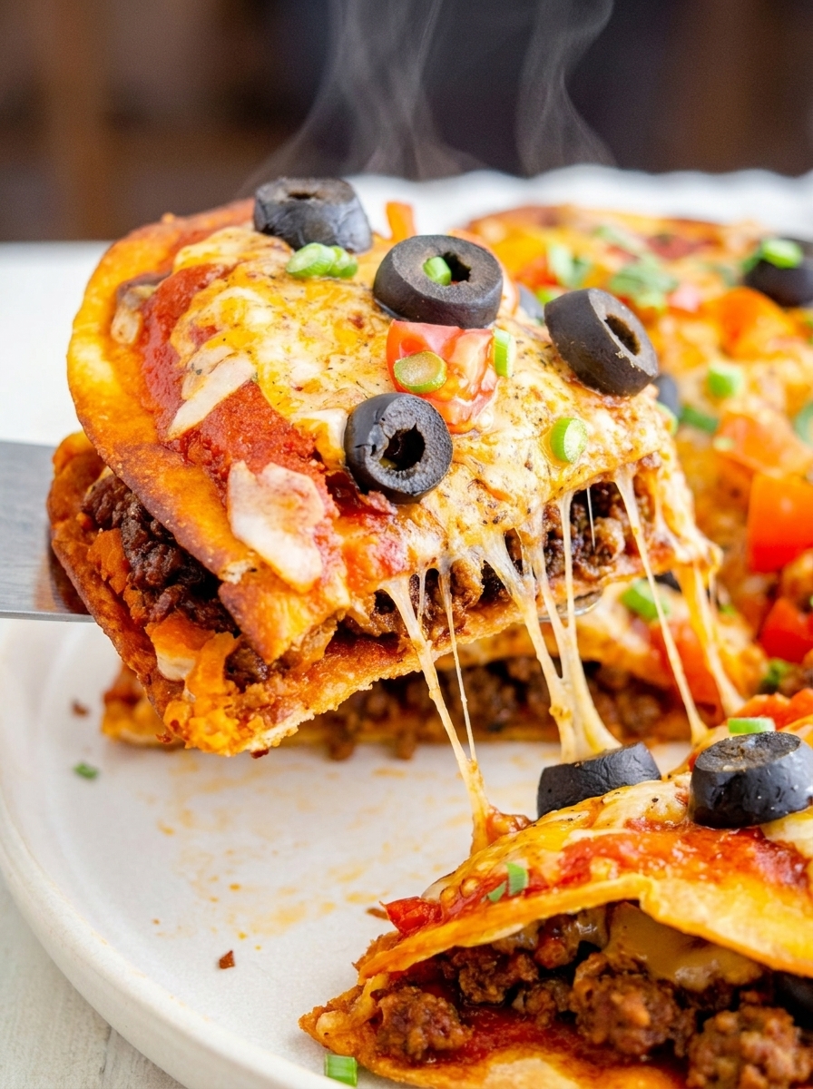 Copycat Mexican pizza cut into wedges with beef, beans, melted cheese, tomatoes, black olives, and green onions
