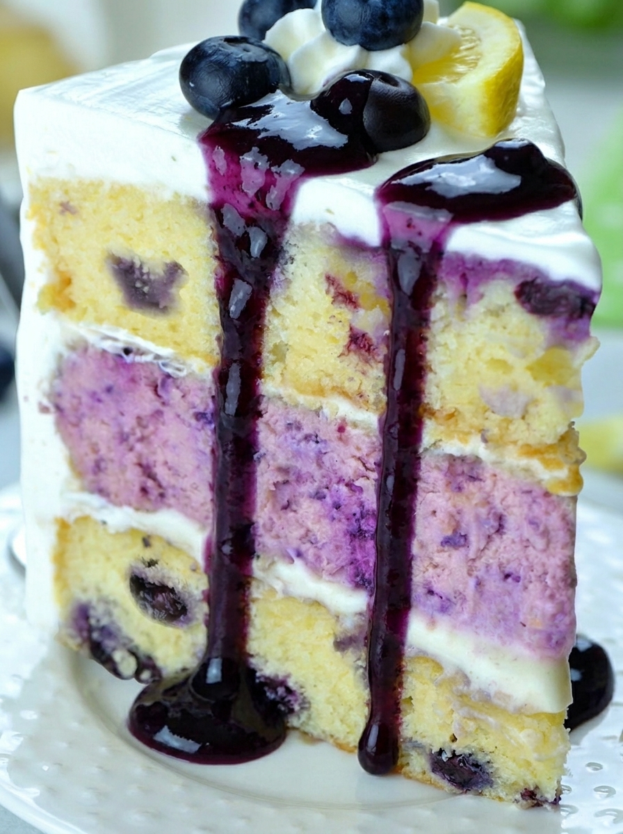 Slice of lemon blueberry cheesecake cake with cake layers, creamy cheesecake center, blueberries, and white frosting