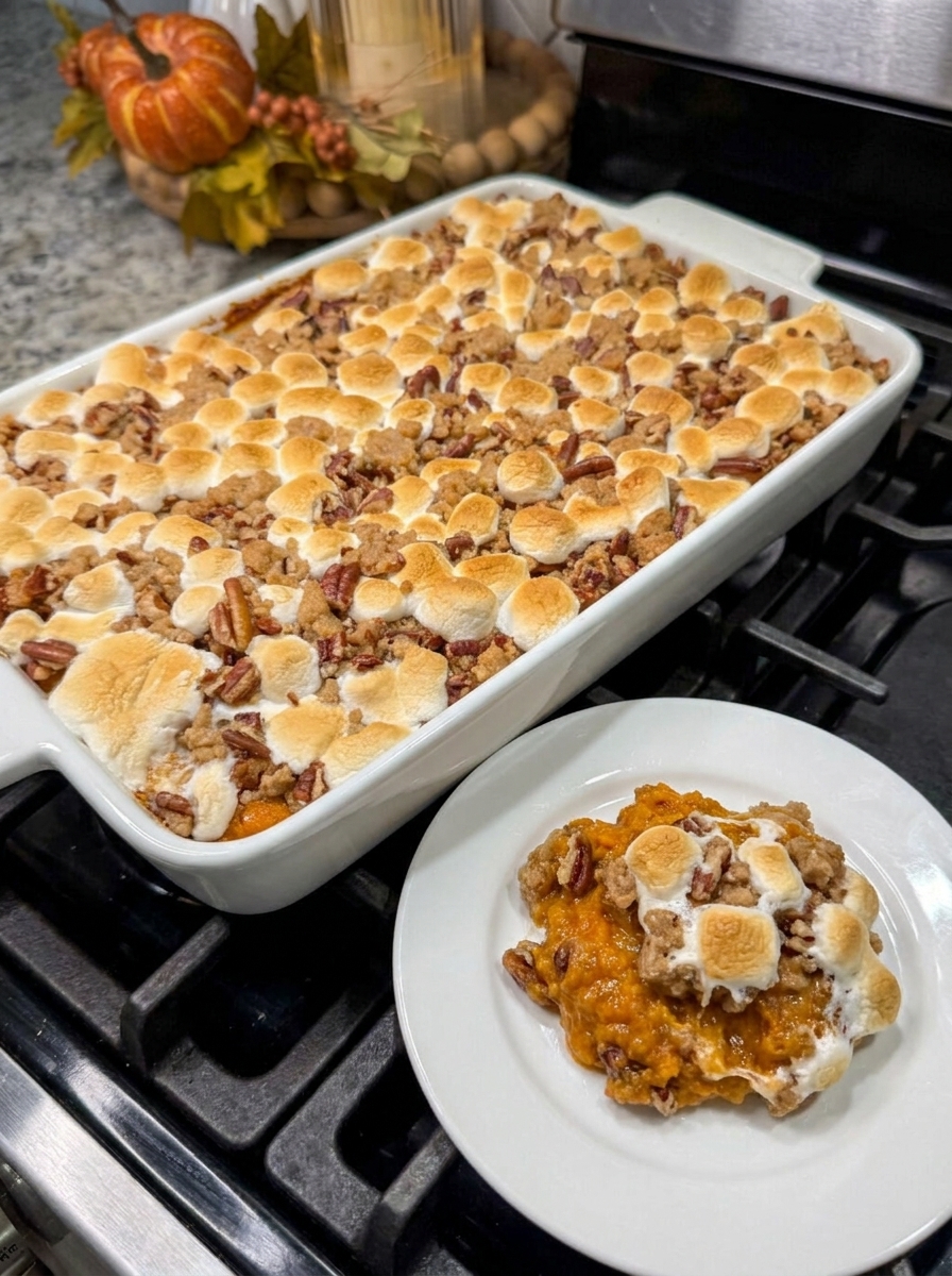 Marshmallow sweet potato casserole with toasted marshmallows and brown sugar pecan topping
