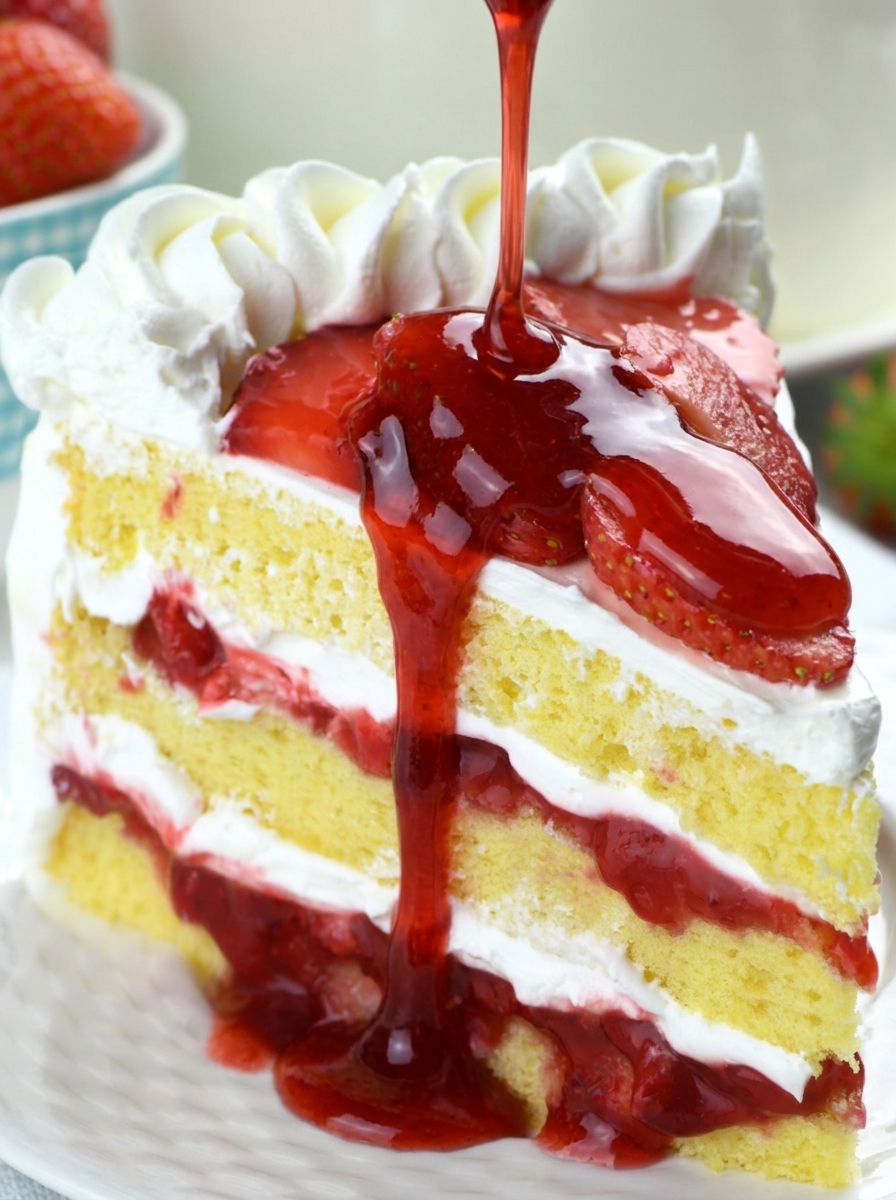 Slice of strawberry sponge cake with fresh berry filling and cream cheese frosting