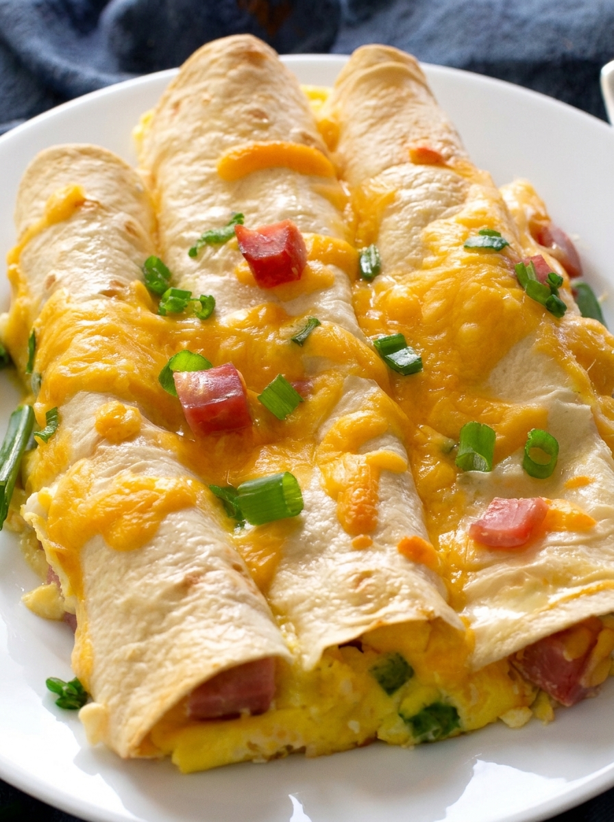 Golden breakfast enchiladas filled with ham and cheddar in a baked egg custard