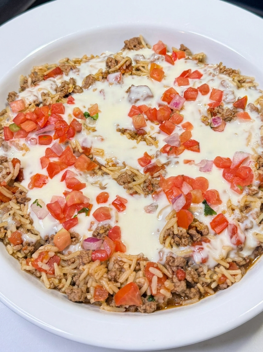 Queso taco rice topped with creamy cheese dip and fresh pico de gallo