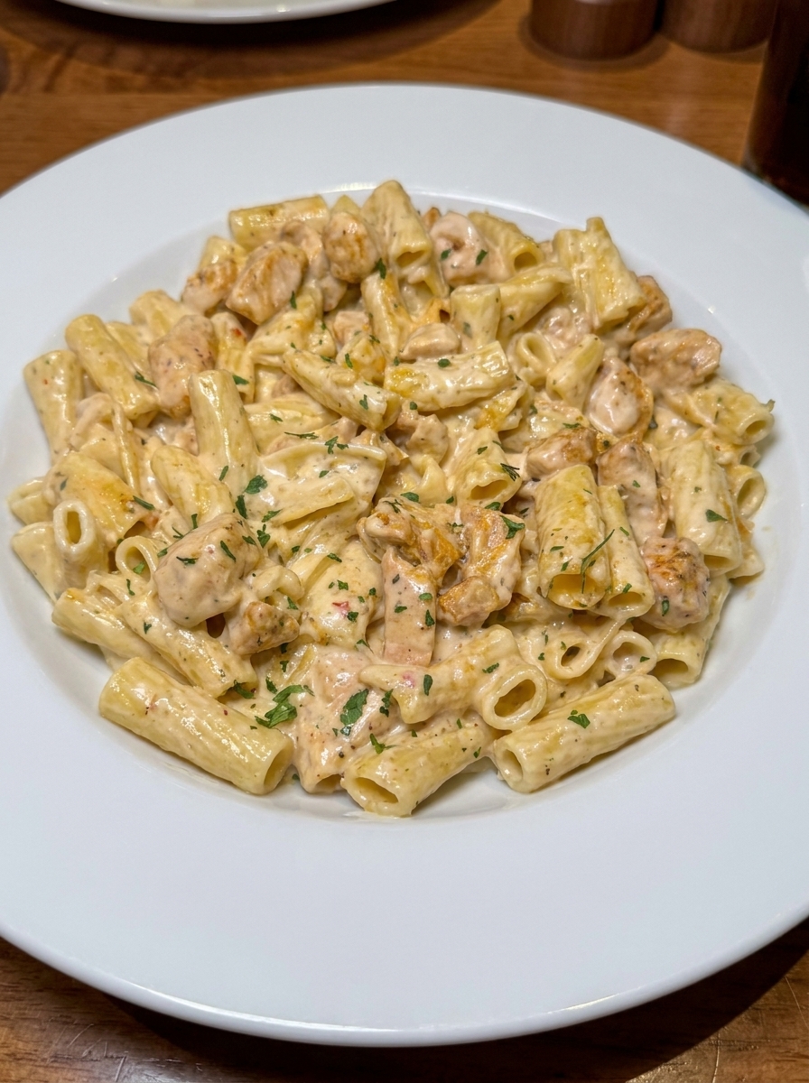 Creamy garlic Parmesan chicken pasta with ziti and tender seasoned chicken