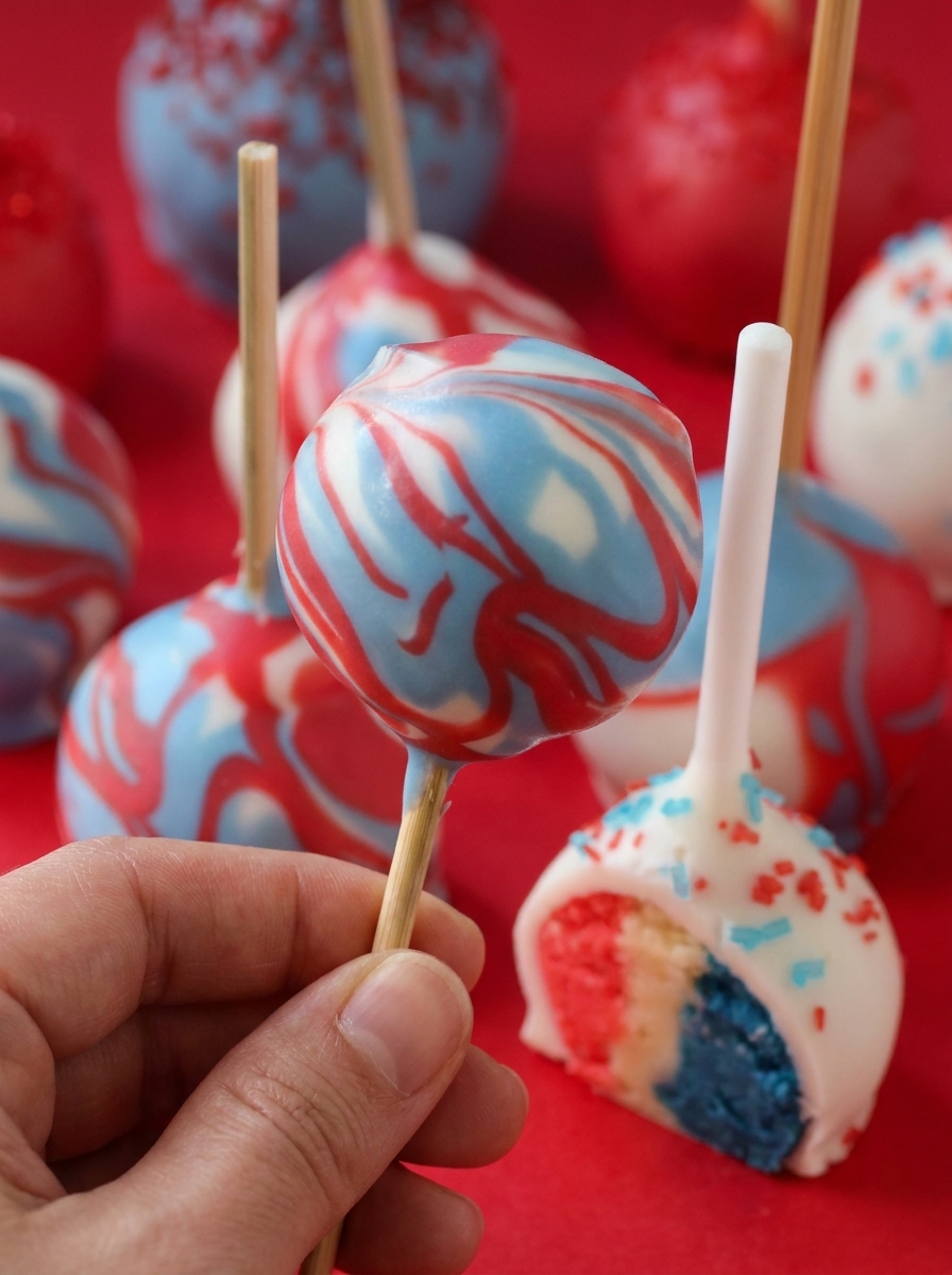 Red, white, and blue cake pops with patriotic candy coating and sprinkles