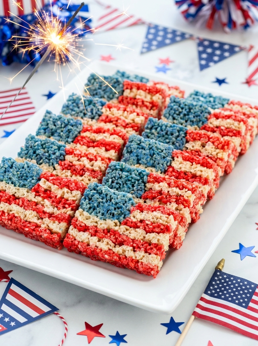Finished red, white, and blue marshmallow rice cereal treats cut to reveal a flag pattern